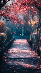 Gentle autumn pathway lined with falling crimson leaves.