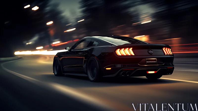 Black sports coupe on wet night highway with motion blur tail