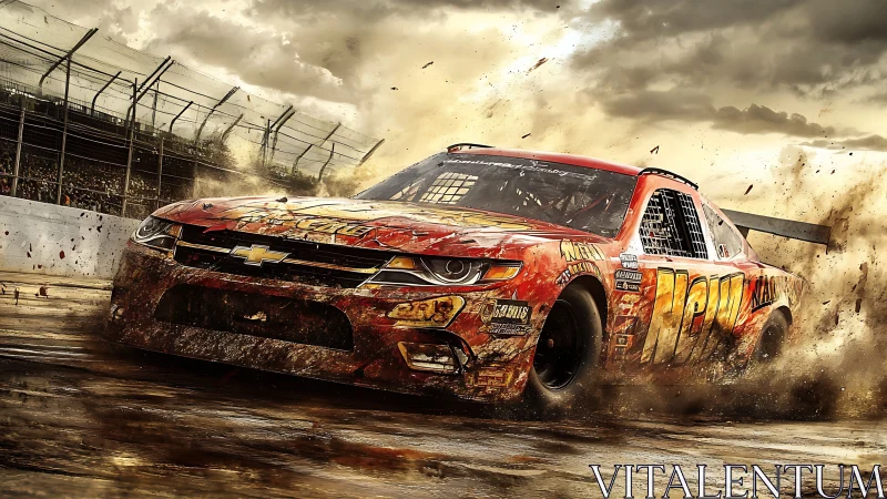 Stock car powerslide cuts muddy oval under storm sky.