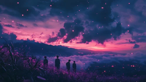 Soft twilight sky welcomes friends into a dreamy horizon