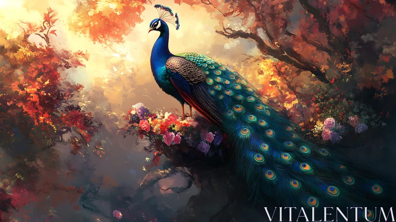 Regal peacock rests over glowing autumn forest canopy