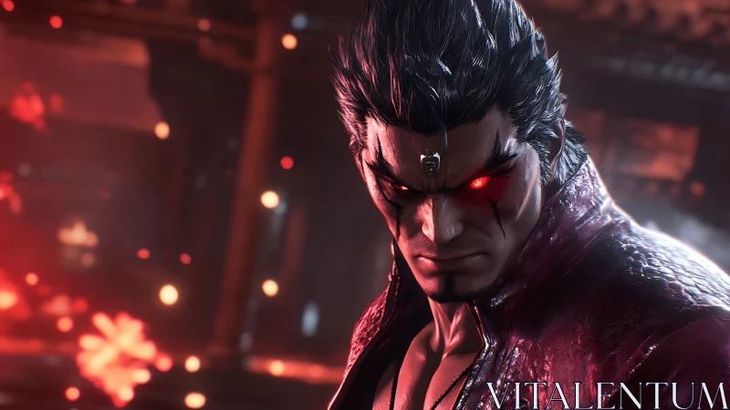 3D cinematic character portrait with infernal lighting focus.