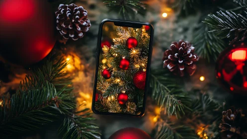 Smartphone screen mirrors vivid Christmas tree ornaments
