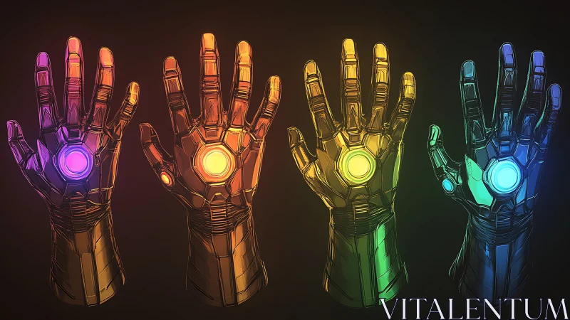 Glowing cybernetic hands pulse with neon energy in darkness