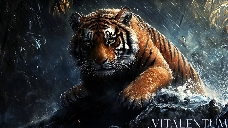 Tiger moves over wet rocks in rain with directional lighting