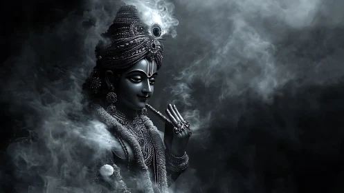 Monochrome deity sculpture in swirling atmospheric smoke