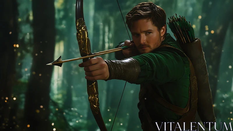 Male archer drawing bowstring in dense green forest setting.