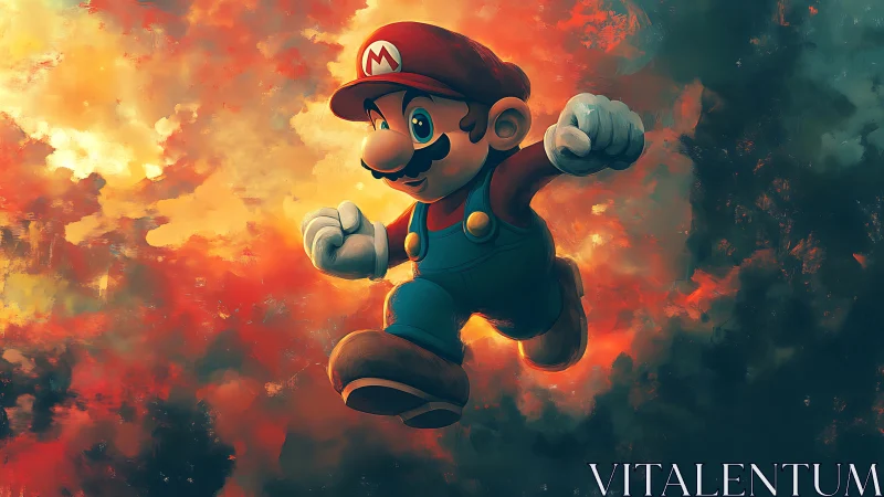 Heroic mustached jumper soars through fiery painted sky.