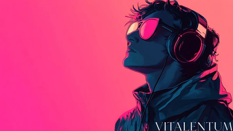 Neon-lit portrait of headphone listener in magenta gradient.