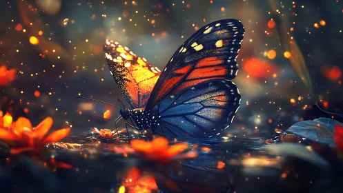 Twilight butterfly resting in a glowing garden pool.