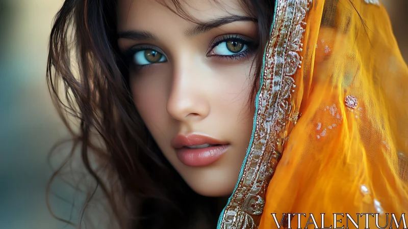 Amber-veiled gaze and storm-soft hair in luminous stillness.