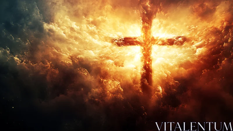Fiery crucifix glows through turbulent storm clouds