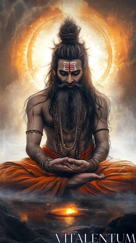 Ascetic yogi in lotus posture before radiant circular energy halo