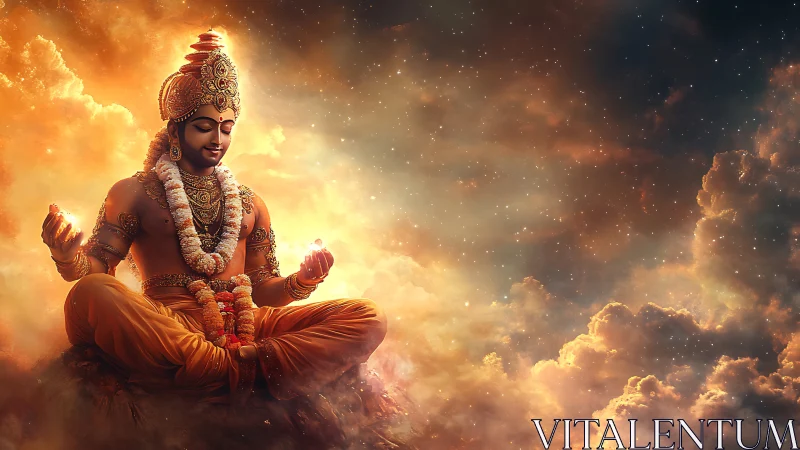 Celestial yogi in radiant clouds of cosmic serenity.