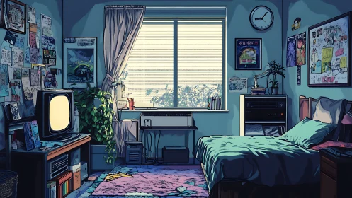 Sunlit retro anime bedroom with CRT TV and dense wall ephemera