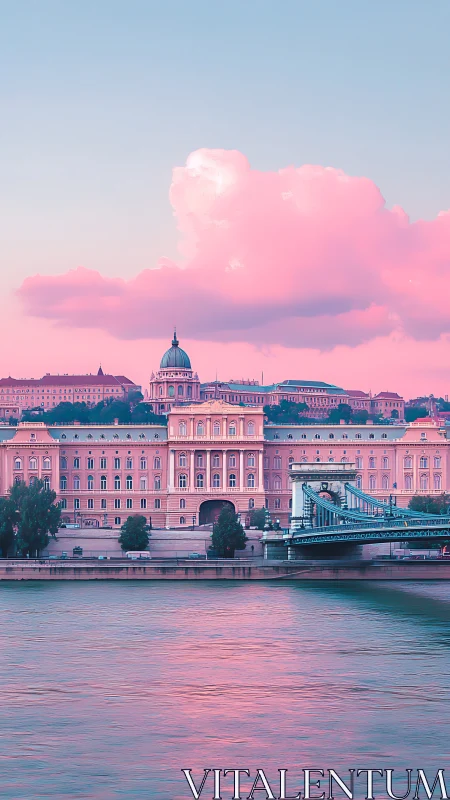 Riverside city palace under pastel pink sky at dusk.