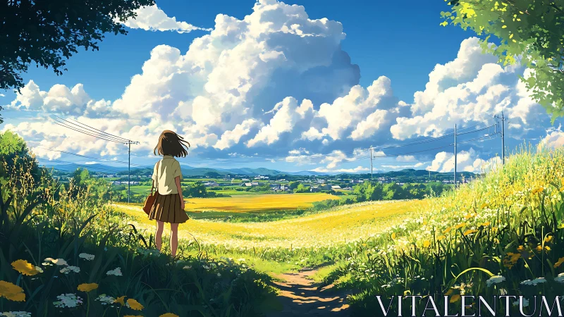 Girl stands on sunny hill overlooking rural summer valley.