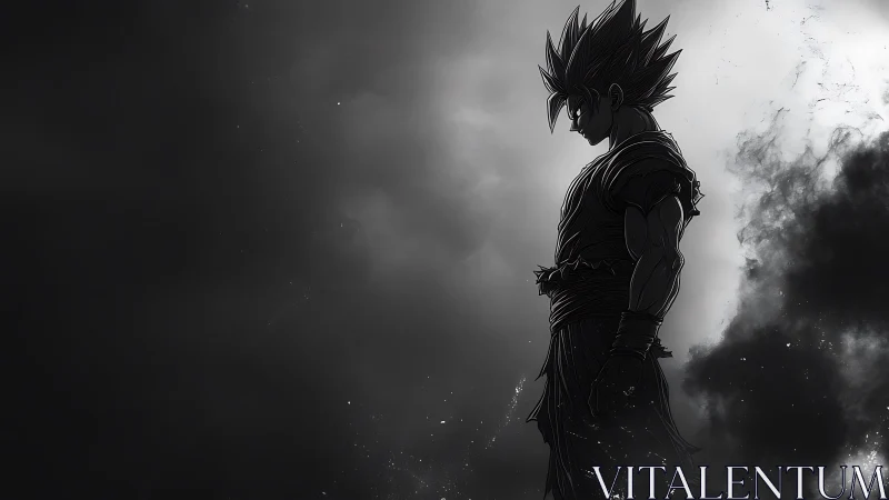 Silhouetted spiky haired warrior in monochrome cloudy space.