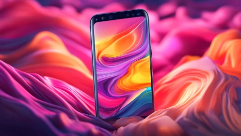 Modern smartphone standing on vibrant abstract colorful waves.