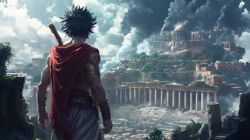 Digital painting of lone warrior over ruined classical city.