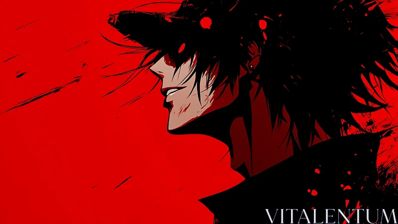 High‑contrast anime profile under saturated red field.