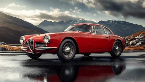 Classic red coupe poised on wet alpine roadside at dusk.