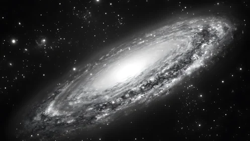 Spiral galaxy core glowing in monochrome deep space.