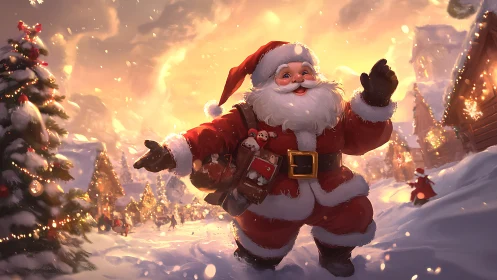 Joyful Santa strolls through a glowing snowy Christmas village