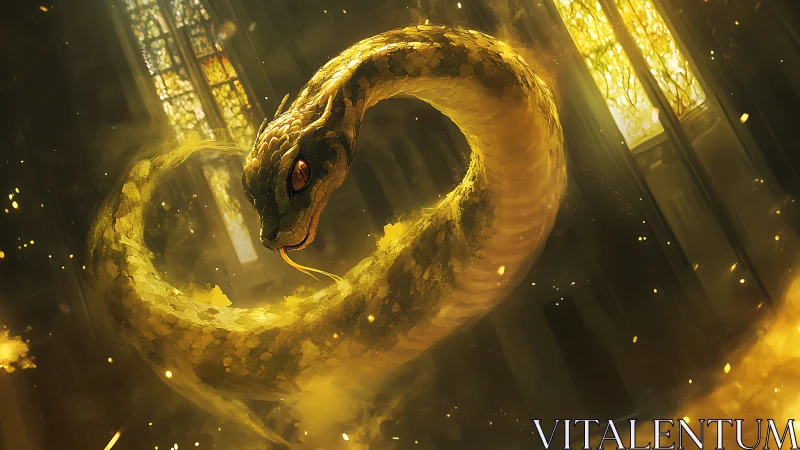 Golden spectral serpent coiled in cathedral light haloed.
