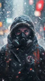 Hooded survivor in gas mask braves neon winter blizzard.