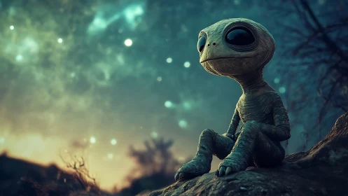 Melancholic alien child under teal nebula glow at dusk.