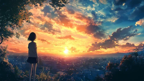 Solitary figure observing illuminated city at sunset horizon.