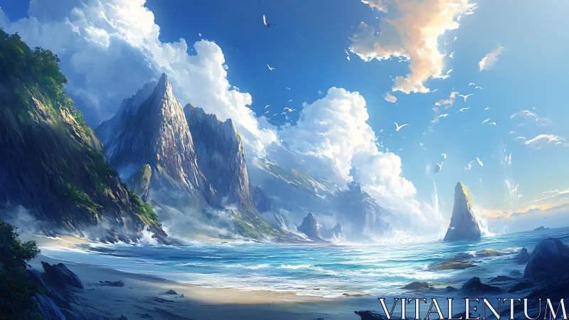 Towering Coastal Basalt Formations with Cumulus Cloudscape.