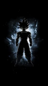 Energetic anime warrior silhouette with cosmic aura glow.