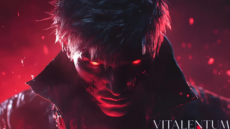 Demonic cyber-noir antihero rendered in crimson backlight
