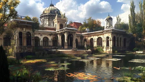 Ornate lakeside palace with dome and autumn trees.