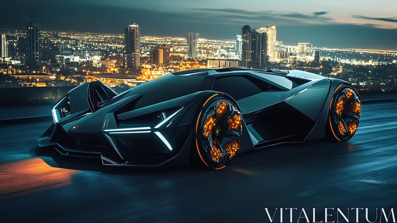 Futurist hypercar profile in nocturnal cityscape rendering.