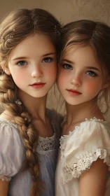 Two Young Girls with Braided Hair in Period Dress.