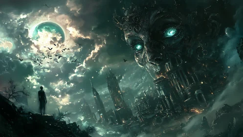 Moonlit wanderer meets a colossal glowing-eyed city god