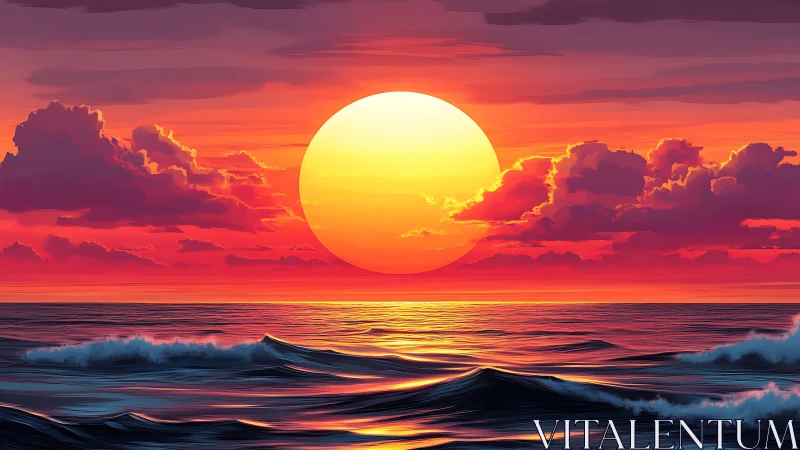 Digital painting seascape with radiant sunset sphere composition.