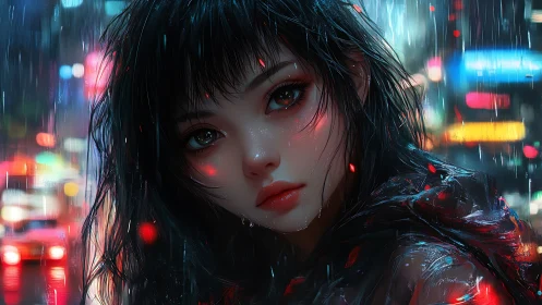 Rain‑soaked neon girl beneath blurred city lights at night.