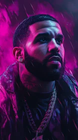 Neon-lit male portrait with dramatic rain effects and chains