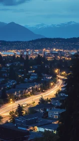 Suburban arterial road at dusk with distant mountain range.