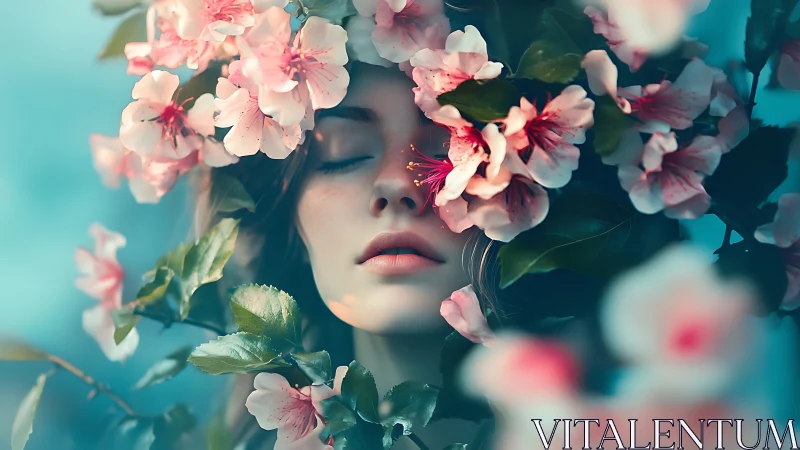 Dreamy portrait of a serene woman immersed in spring blossoms