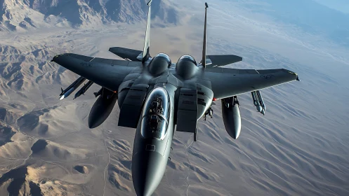 Predator jet knifes above sand-rippled desert silence.