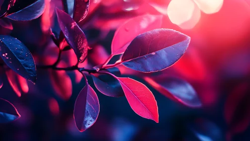 Neon kissed leaves glowing in dreamy twilight colors.
