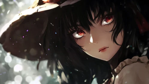 Red-eyed anime girl gazes softly through drifting light