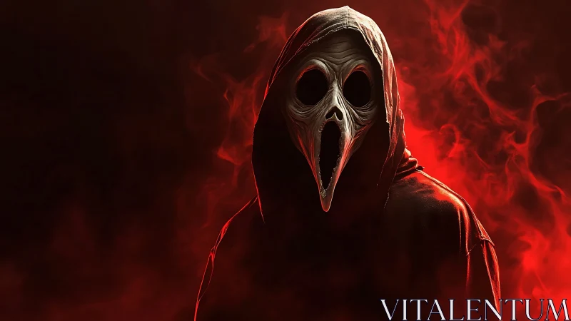 Hooded nightmare wreathed in crimson smoke and shadowed dread.