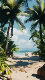 Tropical beach cove framed by palm trees and rocks