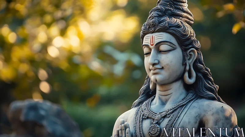 Peaceful stone deity statue bathed in gentle golden light.
